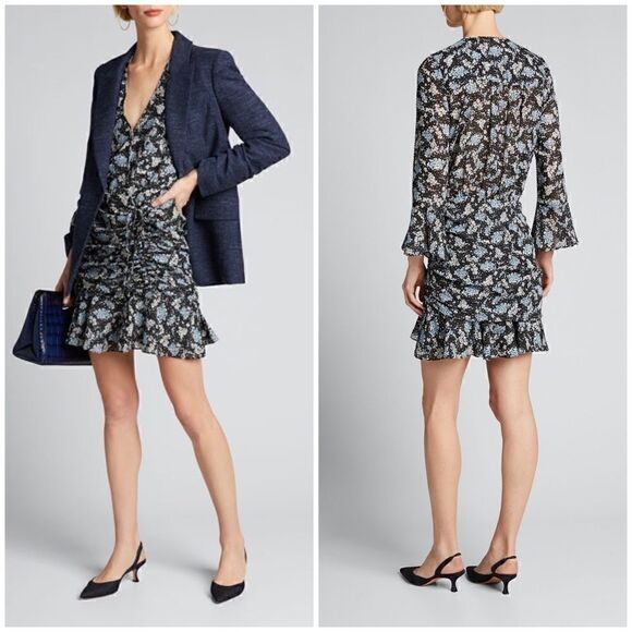 VERONICA BEARD Sean Ruched Floral-Print Dress 12 - Picture 1 of 9